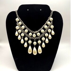 Faux Pearl Bib Statement Necklace – Classic Elegant Costume Jewelry
